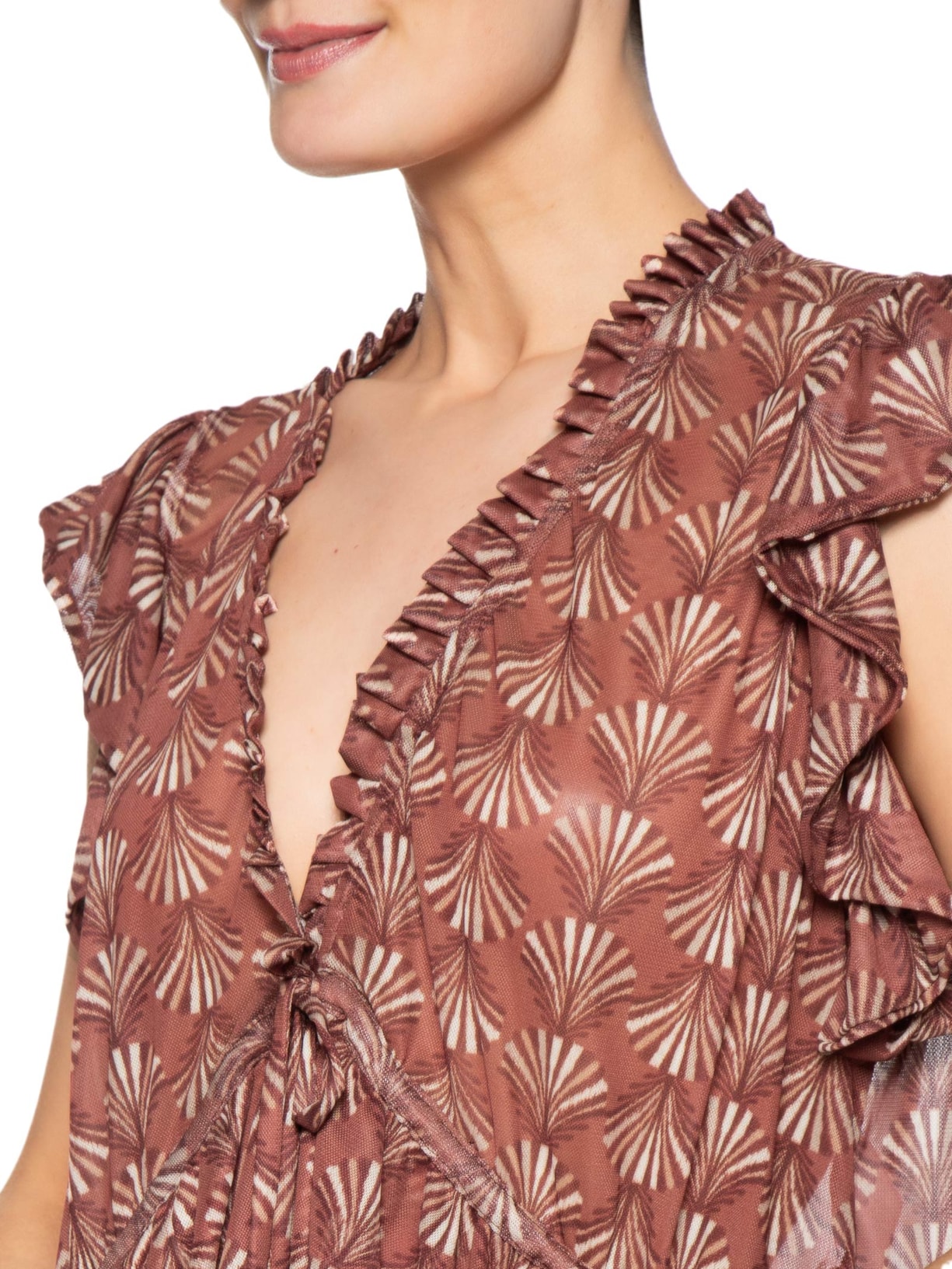 Blusa Feminina Babados Tule Estampa Conchário Vermelho Dress To