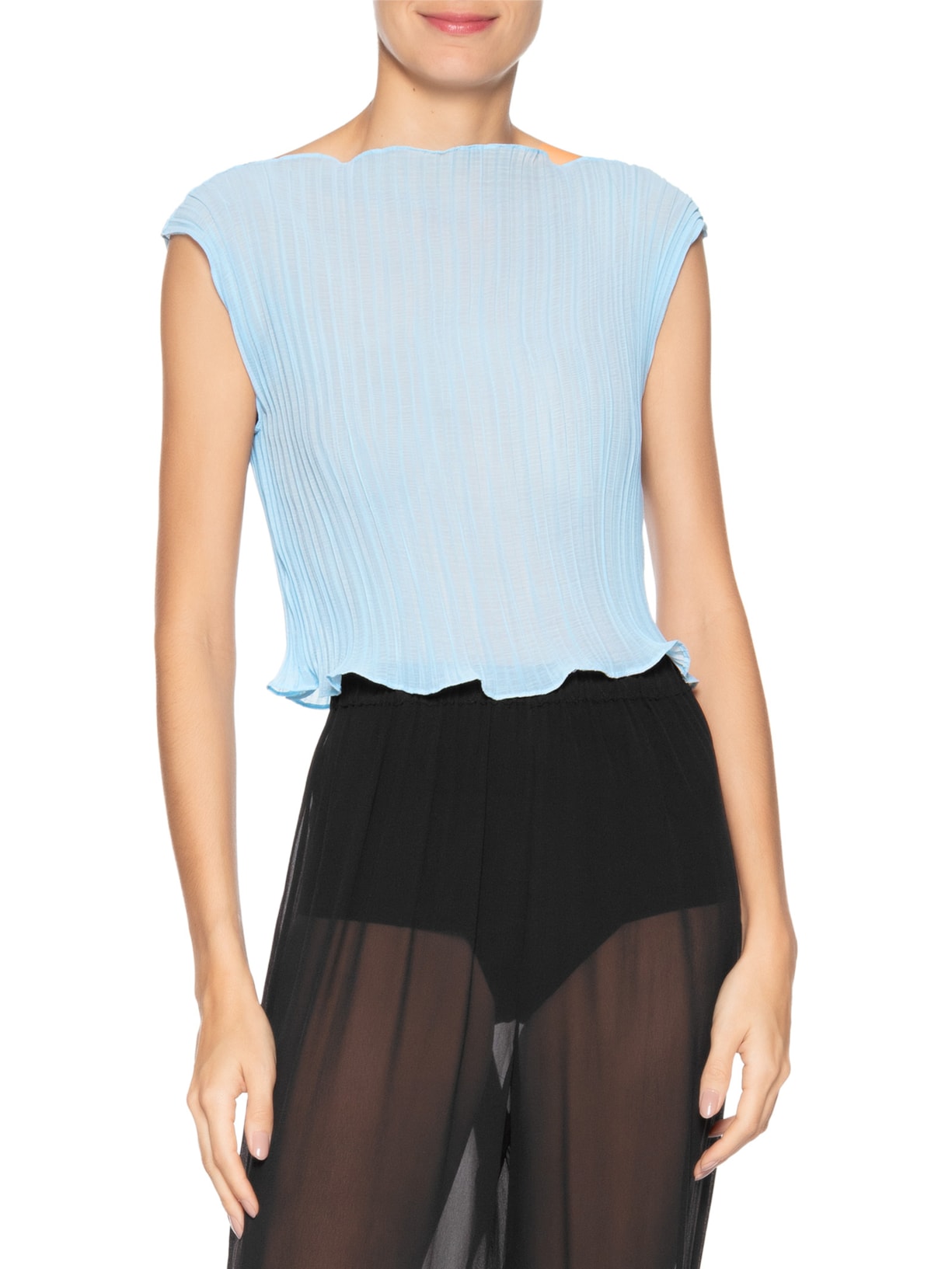 Blusa Feminina Baby Tee Plissê Azul Mateos Quadros