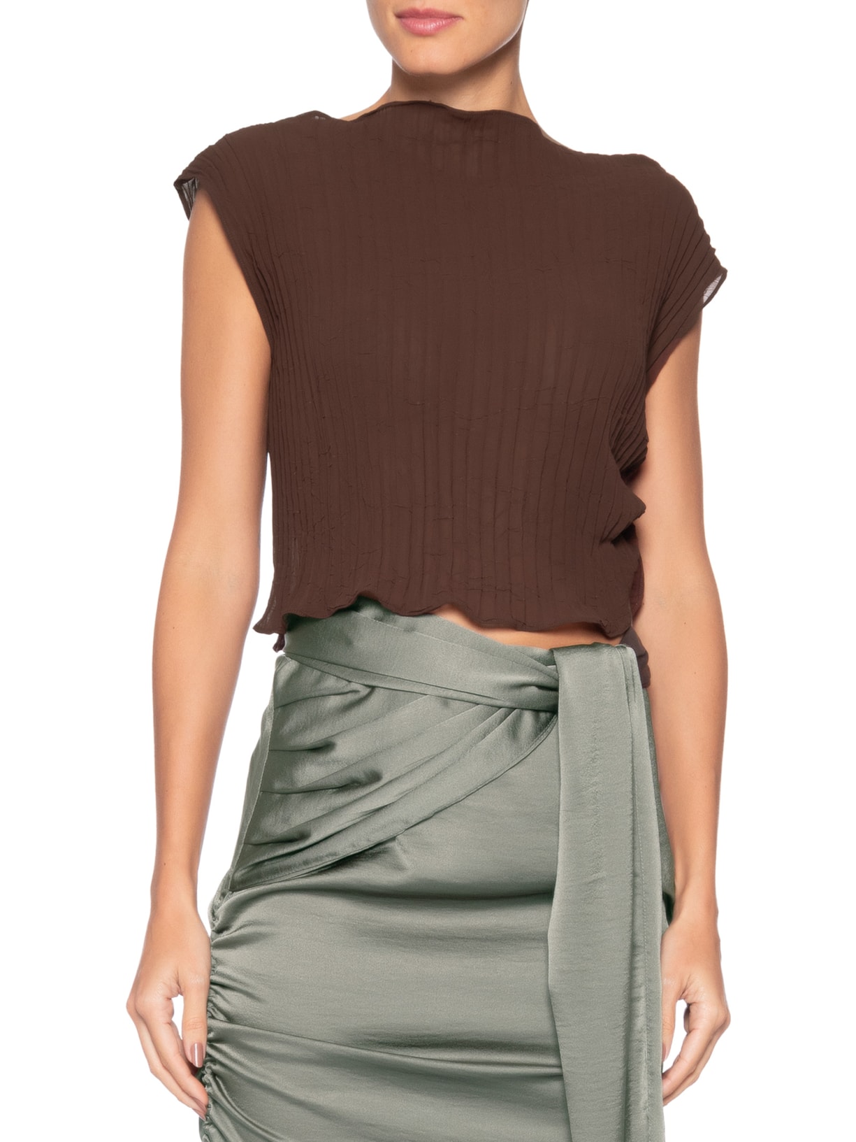 Blusa Feminina Baby Tee Plissê Marrom Mateos Quadros