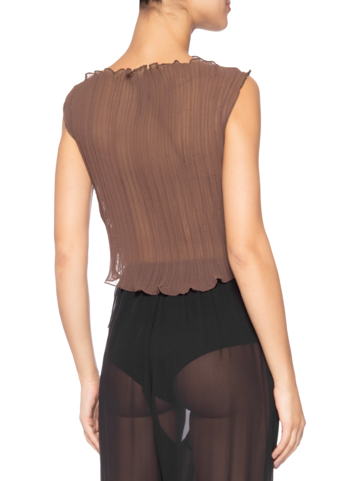 Blusa Feminina Baby Tee Plissê Marrom Mateos Quadros