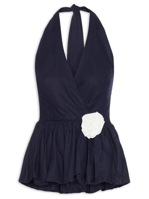 Blusa Feminina Balonê Em Linho Misto - Azul