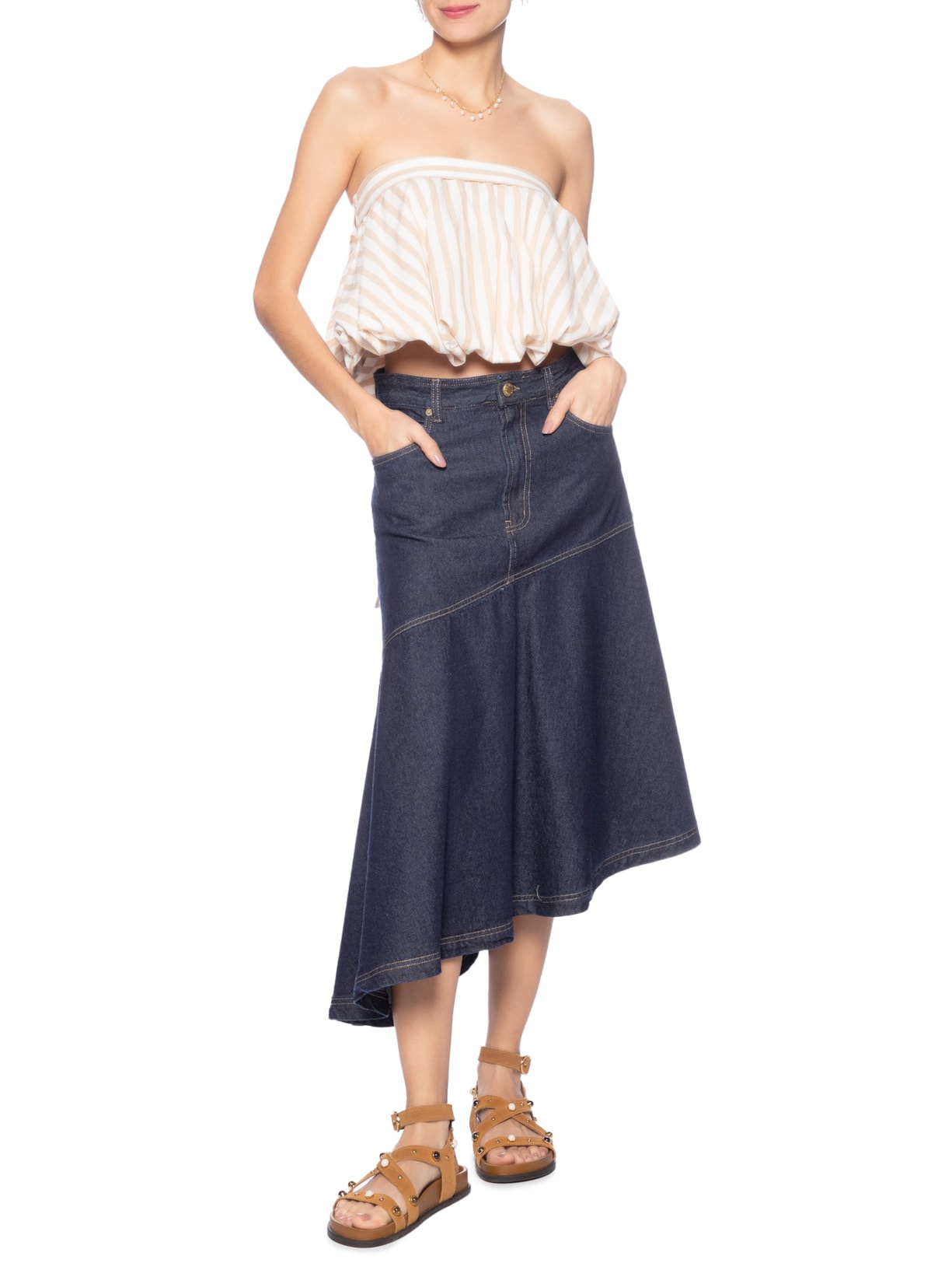 Blusa Feminina Balone Laço Listra Buzios Bege Farm