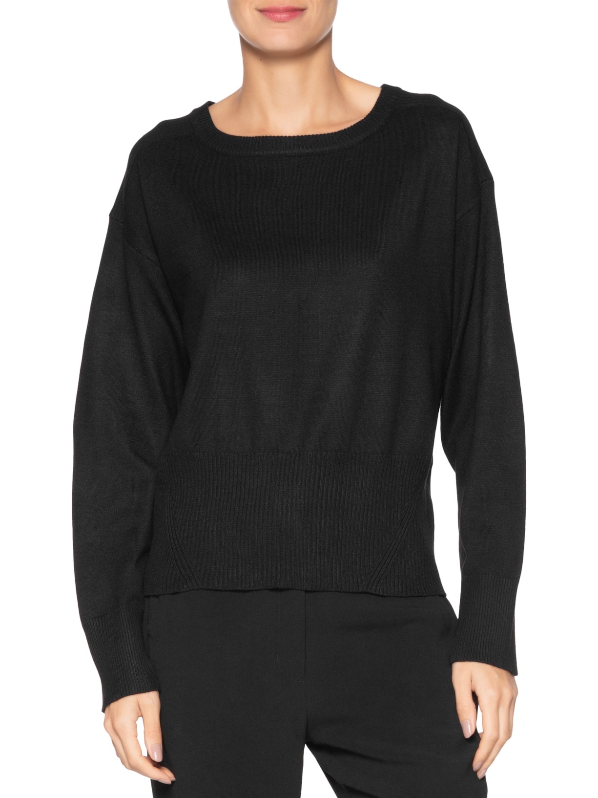 Blusa Feminina Barra Canelada Em Tricot Preto '2Essential