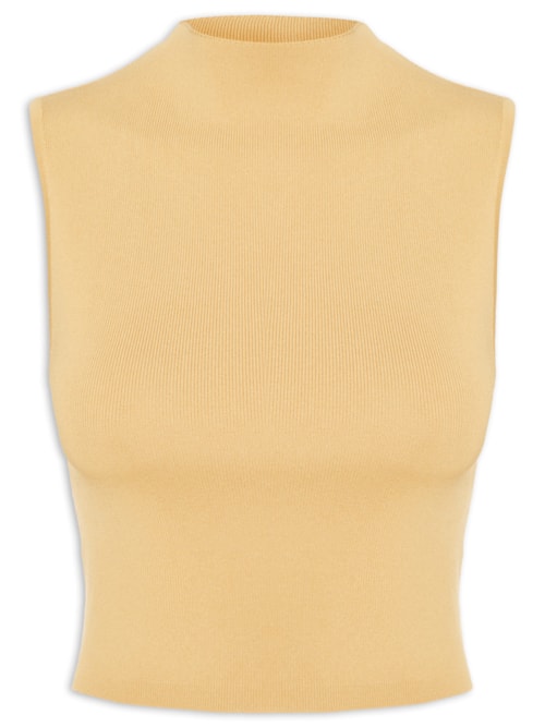 Blusa Feminina Básica De Tricot Cropped Gola Alta - Bege