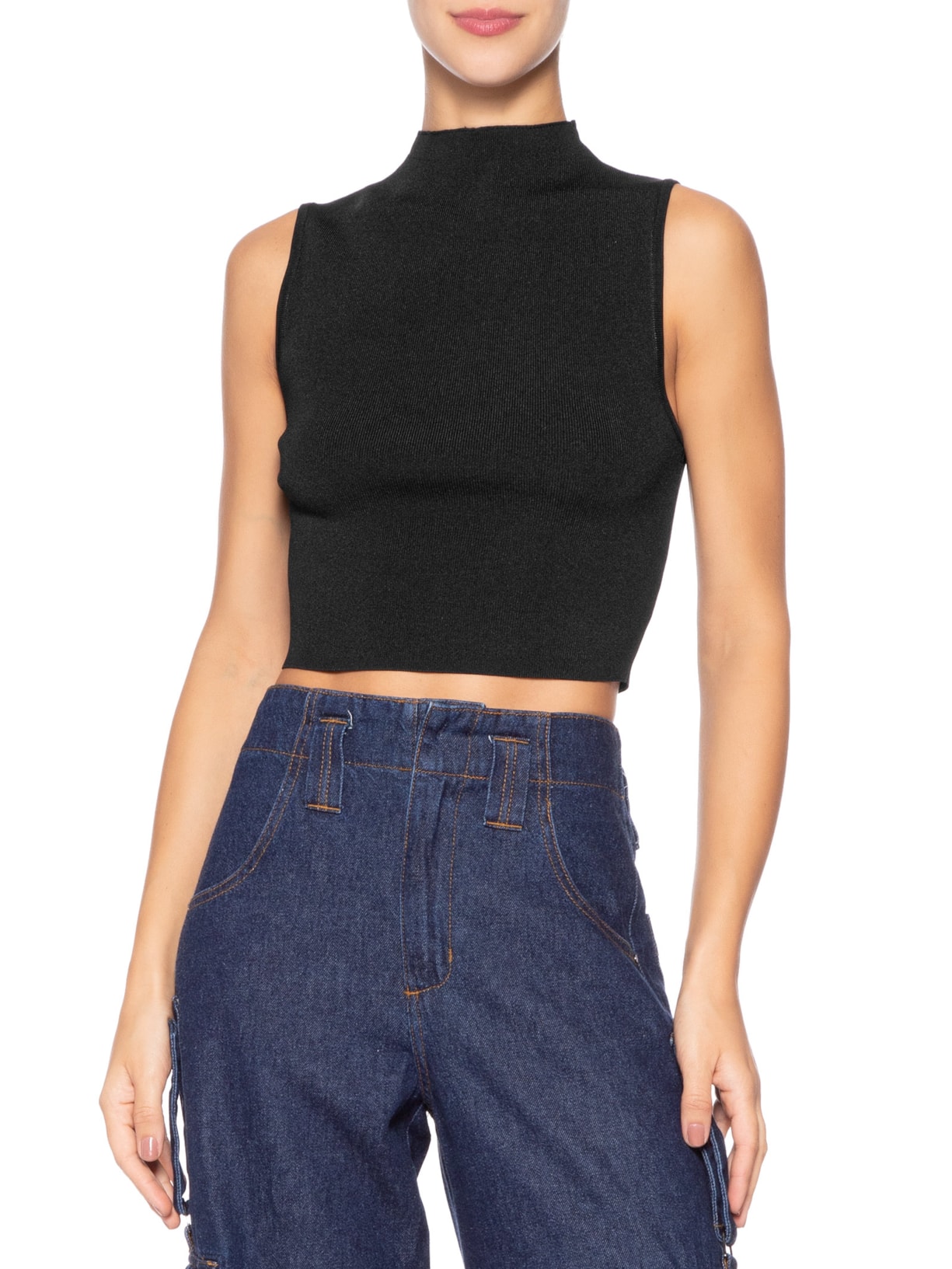 Blusa Feminina Básica De Tricot Cropped Gola Alta Preto Animale