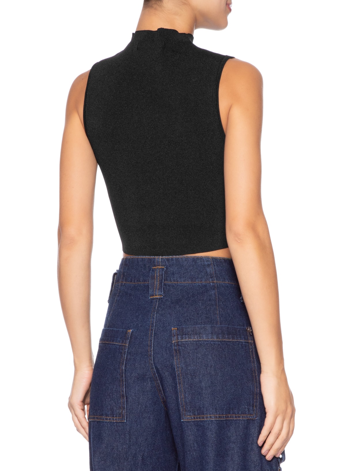 Blusa Feminina Básica De Tricot Cropped Gola Alta Preto Animale