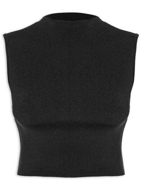 Blusa Feminina Básica De Tricot Cropped Gola Alta - Preto