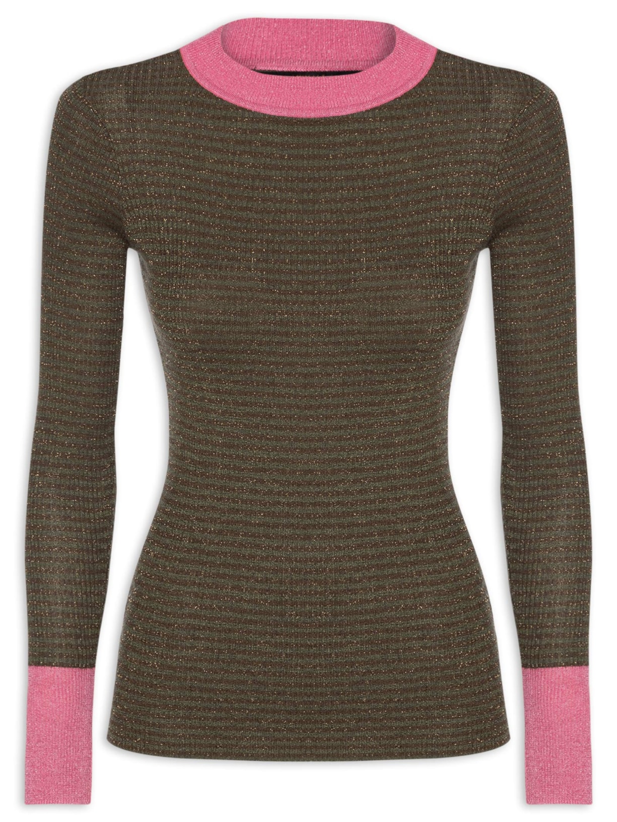 Blusa Feminina Básica De Tricot Listras Com Lurex Verde Animale