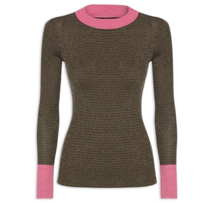 Blusa Feminina Básica De Tricot Listras Com Lurex - Verde