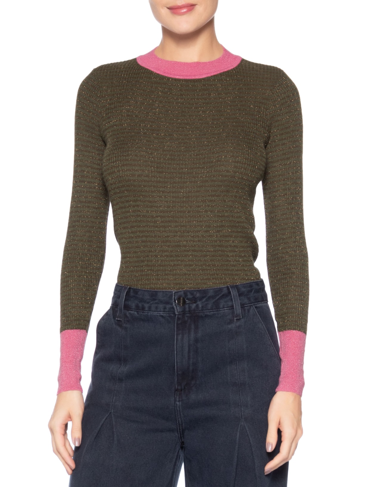 Blusa Feminina Básica De Tricot Listras Com Lurex Verde Animale