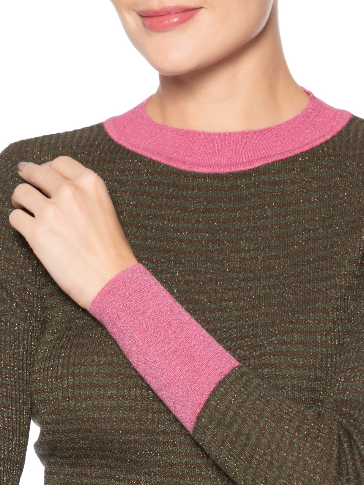 Blusa Feminina Básica De Tricot Listras Com Lurex Verde Animale