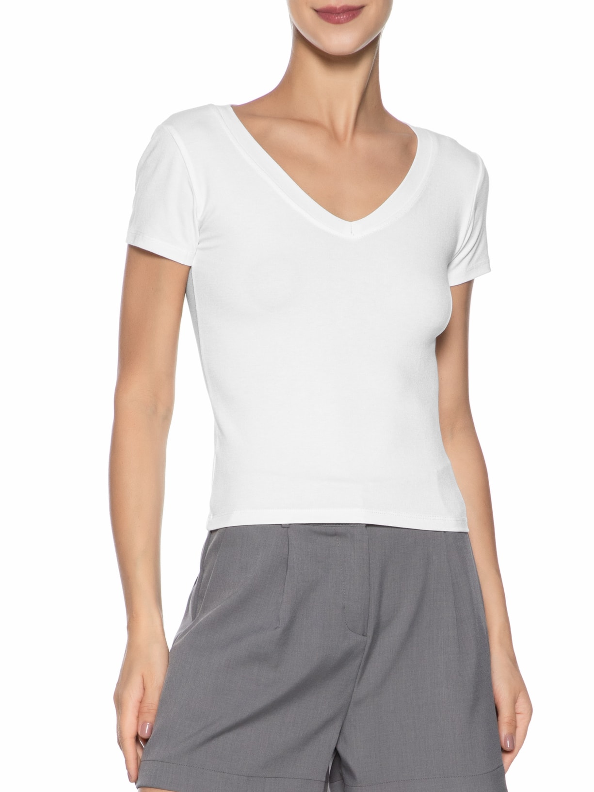 Blusa Feminina Básica Decote V Branco Basiq