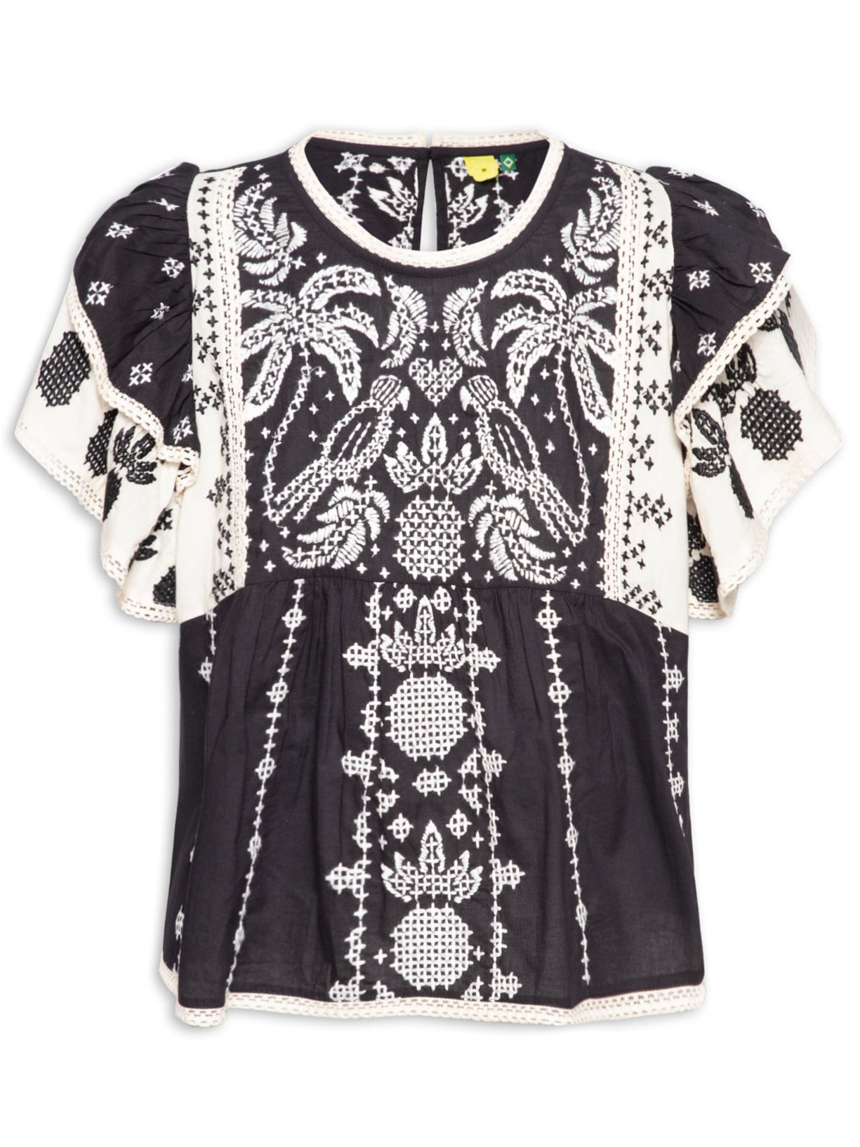 Blusa Feminina Bata Artesanal Bordado Tropical - Preto