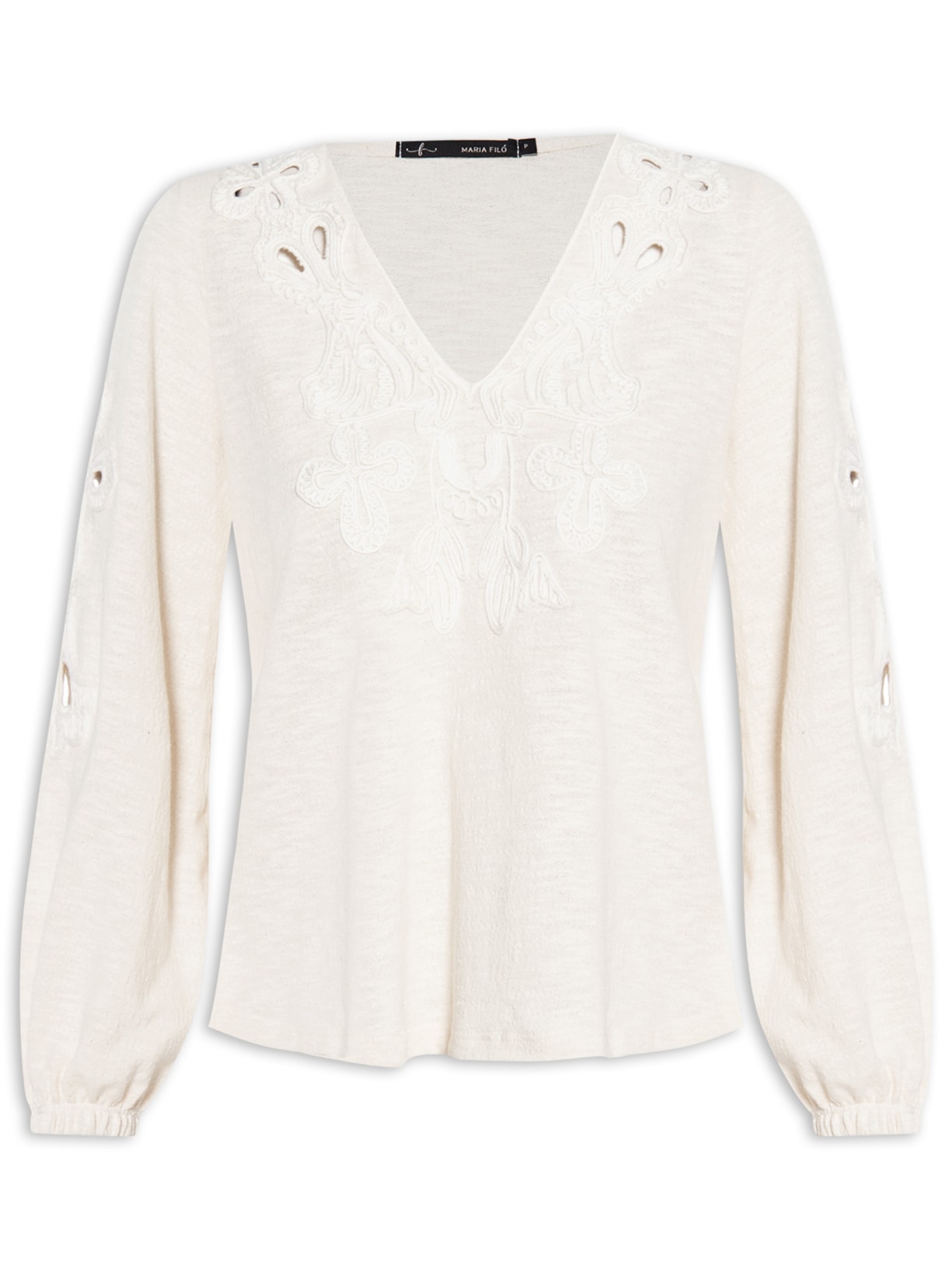 Blusa Feminina Bata Manga Longa Bordada - Bege