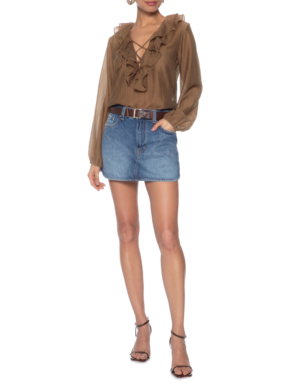 Blusa Feminina Boho Com Babados Marrom Market 33