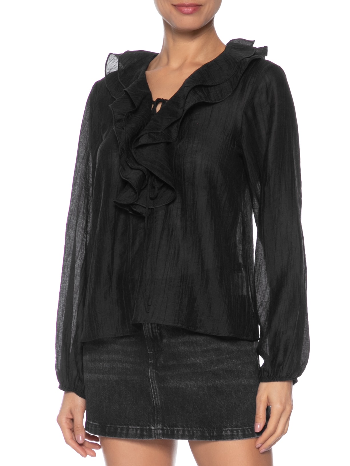 Blusa Feminina Boho Com Babados Preto Market 33
