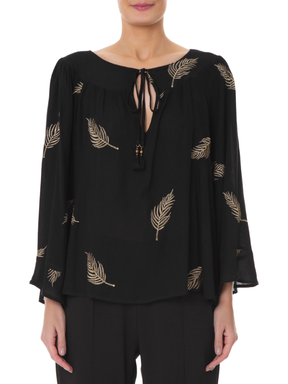 Blusa Feminina Bordado Folha Bangkok Preto Maria Filó