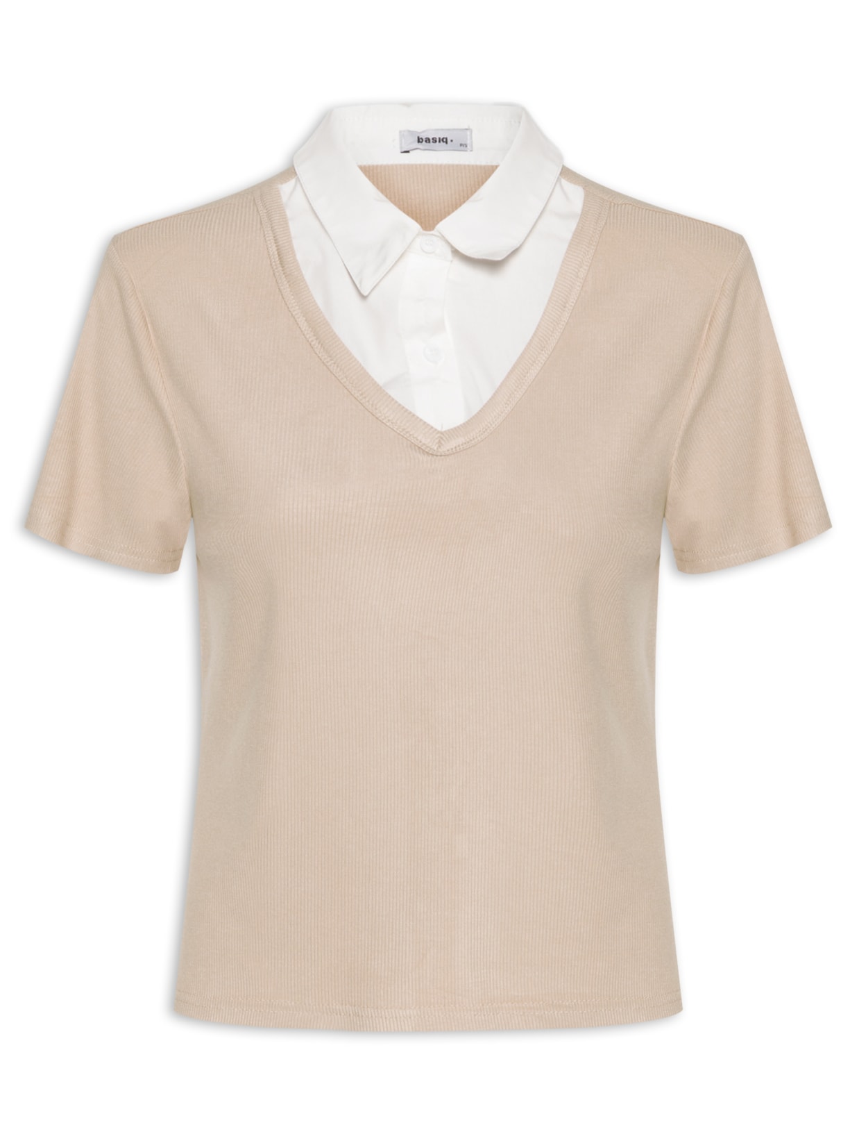 Blusa Feminina Canelada Gola Sobreposta Manga Curta - Bege