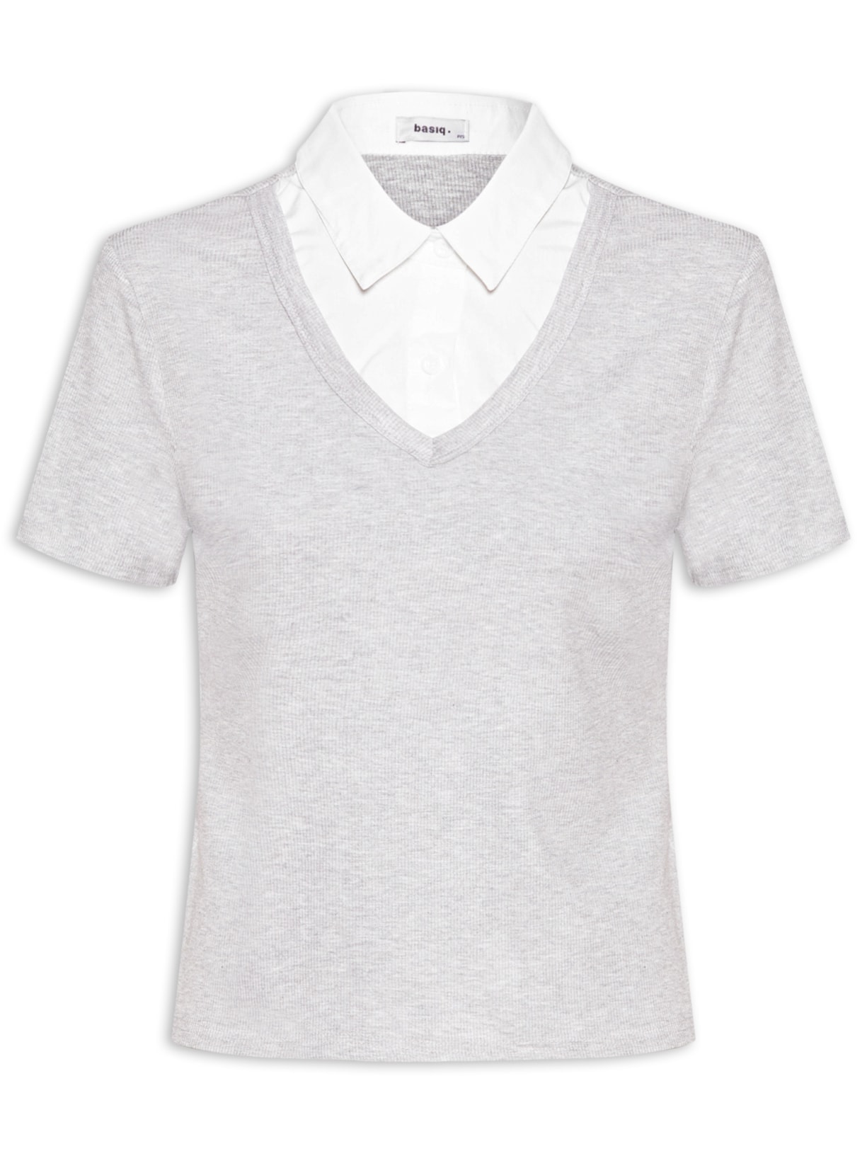 Blusa Feminina Canelada Gola Sobreposta Manga Curta - Cinza