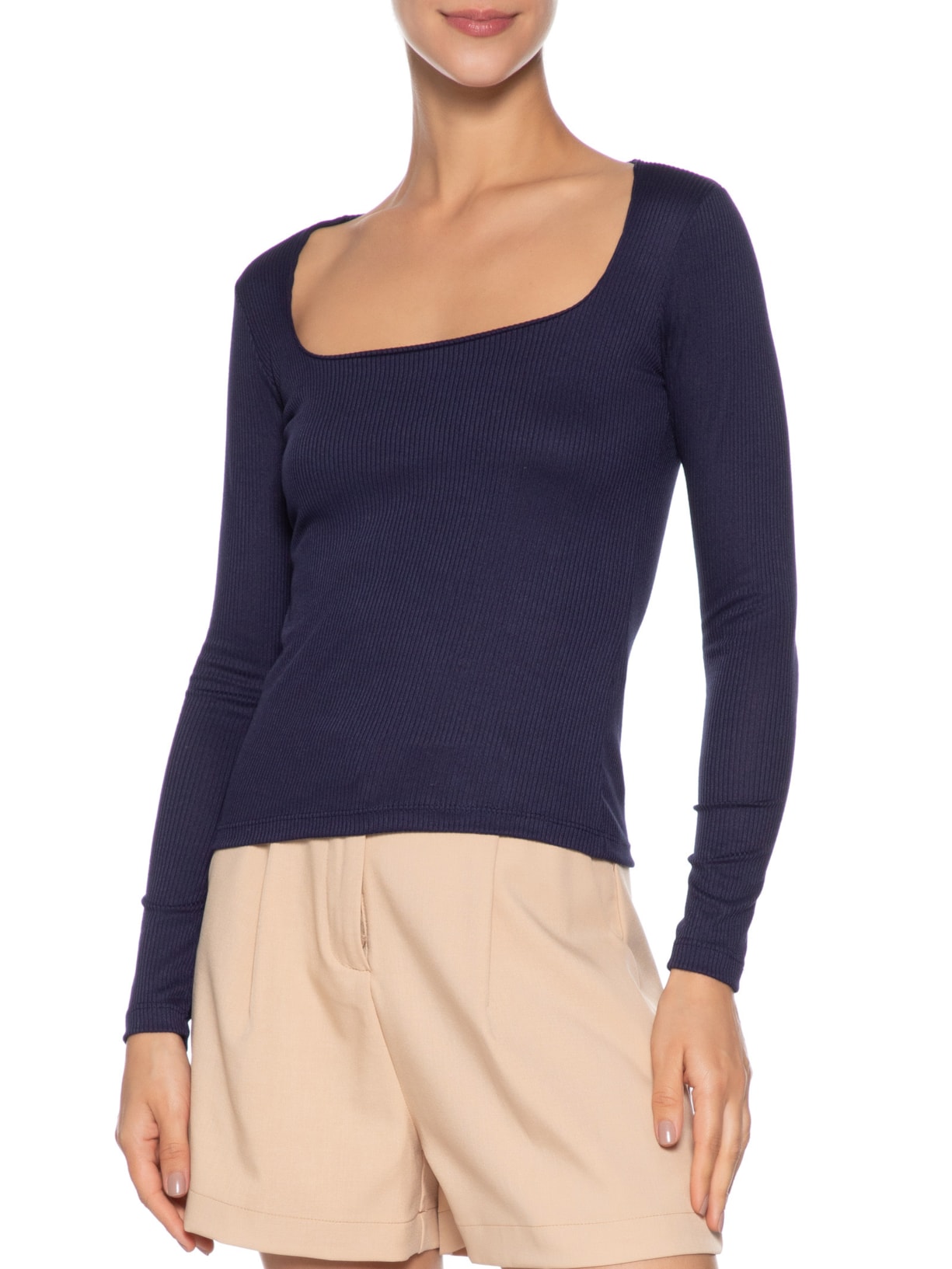 Blusa Feminina Canelada Manga Longa Azul Basiq