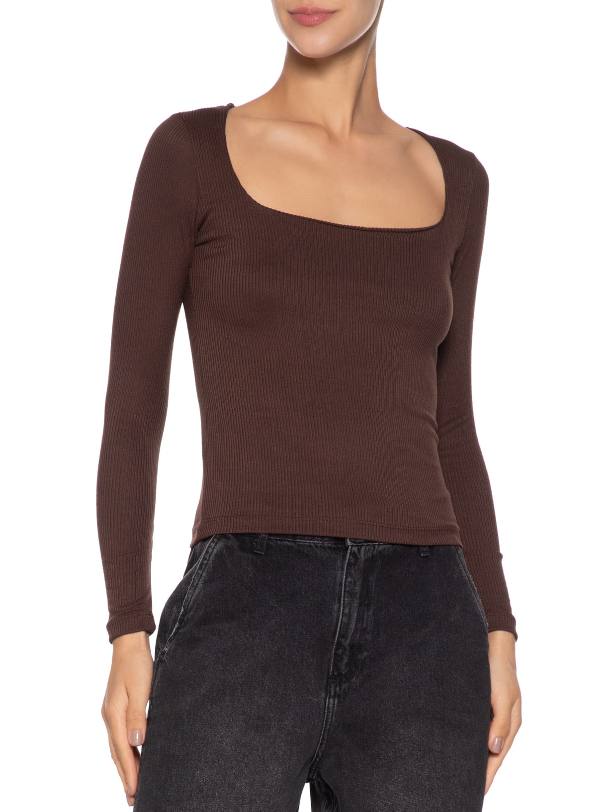 Blusa Feminina Canelada Manga Longa Marrom Basiq