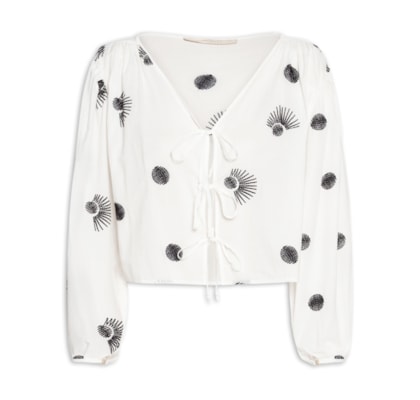 Blusa Feminina Com Amarração E Bordado Poá - Branco