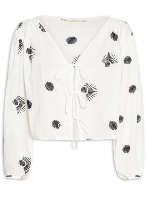 Blusa Feminina Com Amarração E Bordado Poá - Branco
