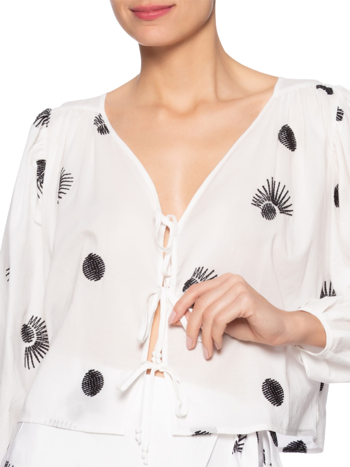 Blusa Feminina Com Amarração E Bordado Poá Branco Animale