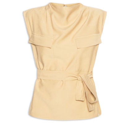 Blusa Feminina Com Bolsos Frontais E Cinto Para Amarração - Bege