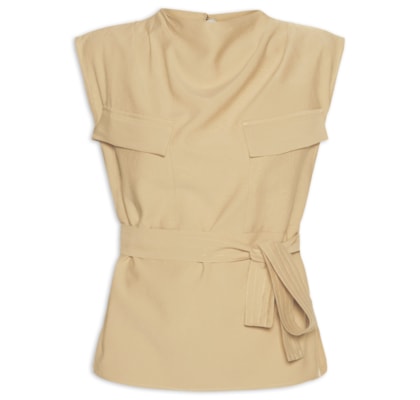 Blusa Feminina Com Bolsos Frontais E Cinto Para Amarração - Bege