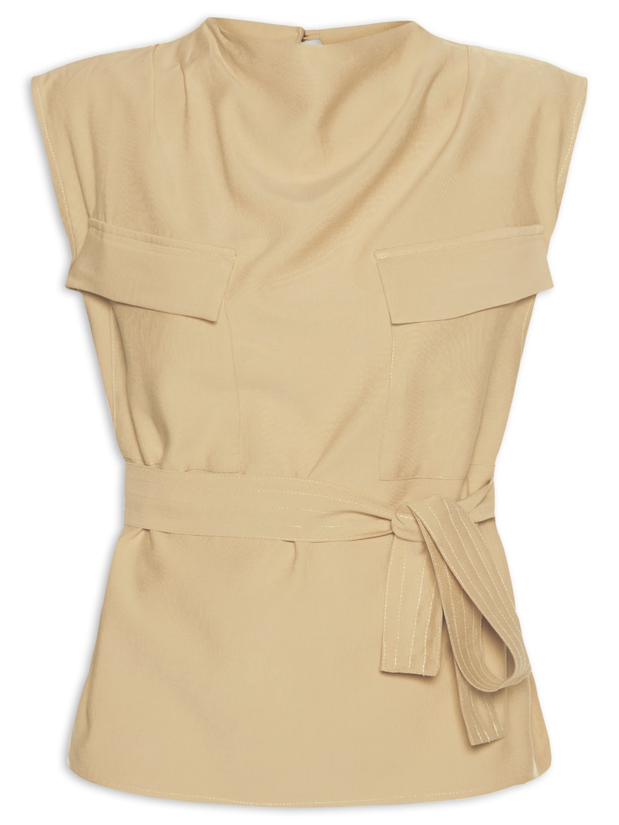 Blusa Feminina Com Bolsos Frontais E Cinto Para Amarração - Bege