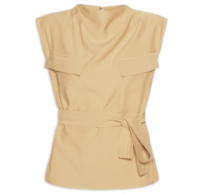 Blusa Feminina Com Bolsos Frontais E Cinto Para Amarração - Bege