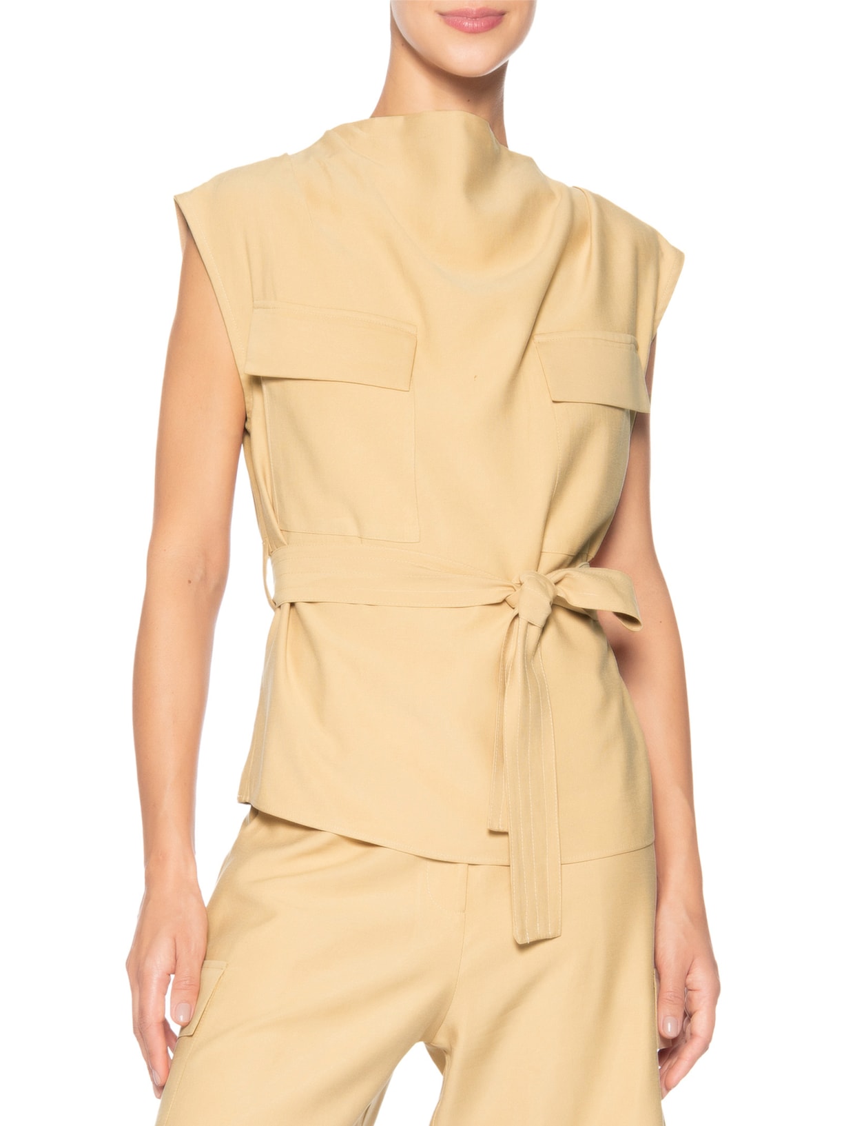 Blusa Feminina Com Bolsos Frontais E Cinto Para Amarração Bege '2Essential