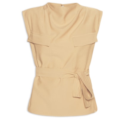 Blusa Feminina Com Bolsos Frontais E Cinto Para Amarração - Bege