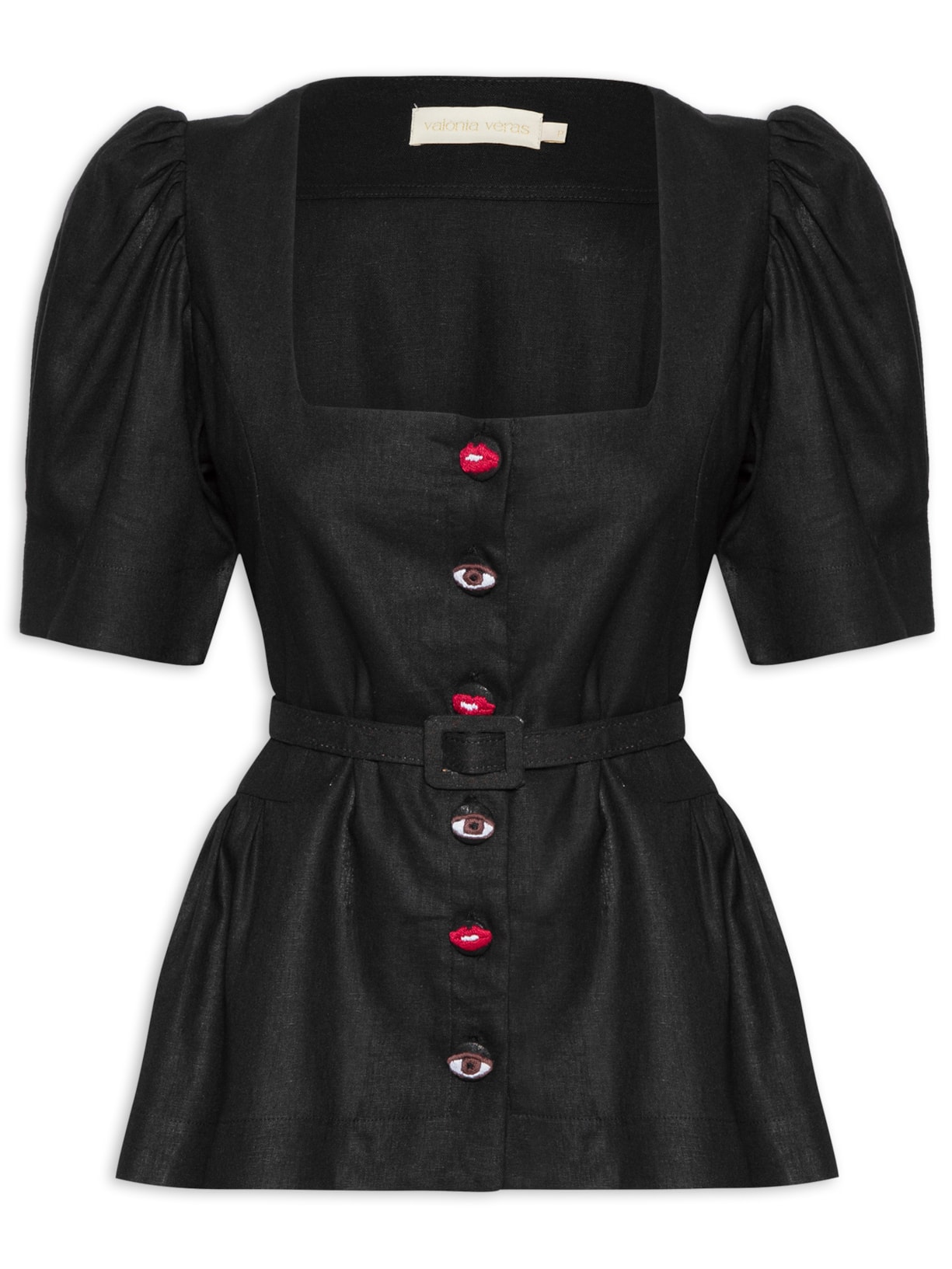 Blusa Feminina Com Cinto Botão Bordado - Preto