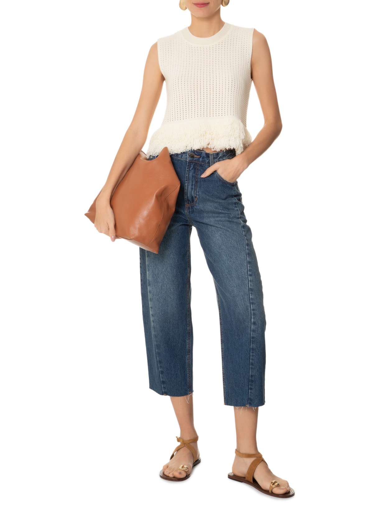 Blusa Feminina Com Franjas Em Tricot Off White '2Essential