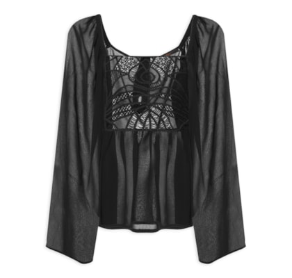 Blusa Feminina Com Manga Ampla E Pala De Renda - Preto
