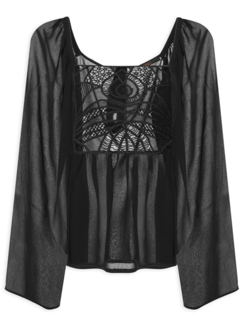 Blusa Feminina Com Manga Ampla E Pala De Renda - Preto