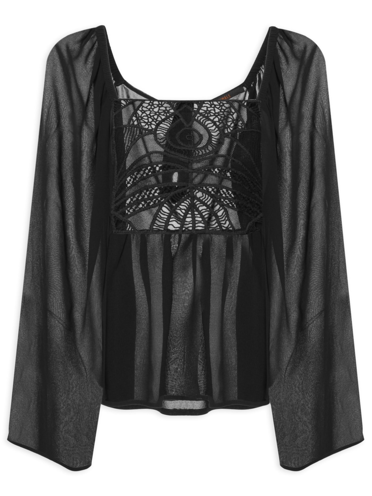 Blusa Feminina Com Manga Ampla E Pala De Renda - Preto