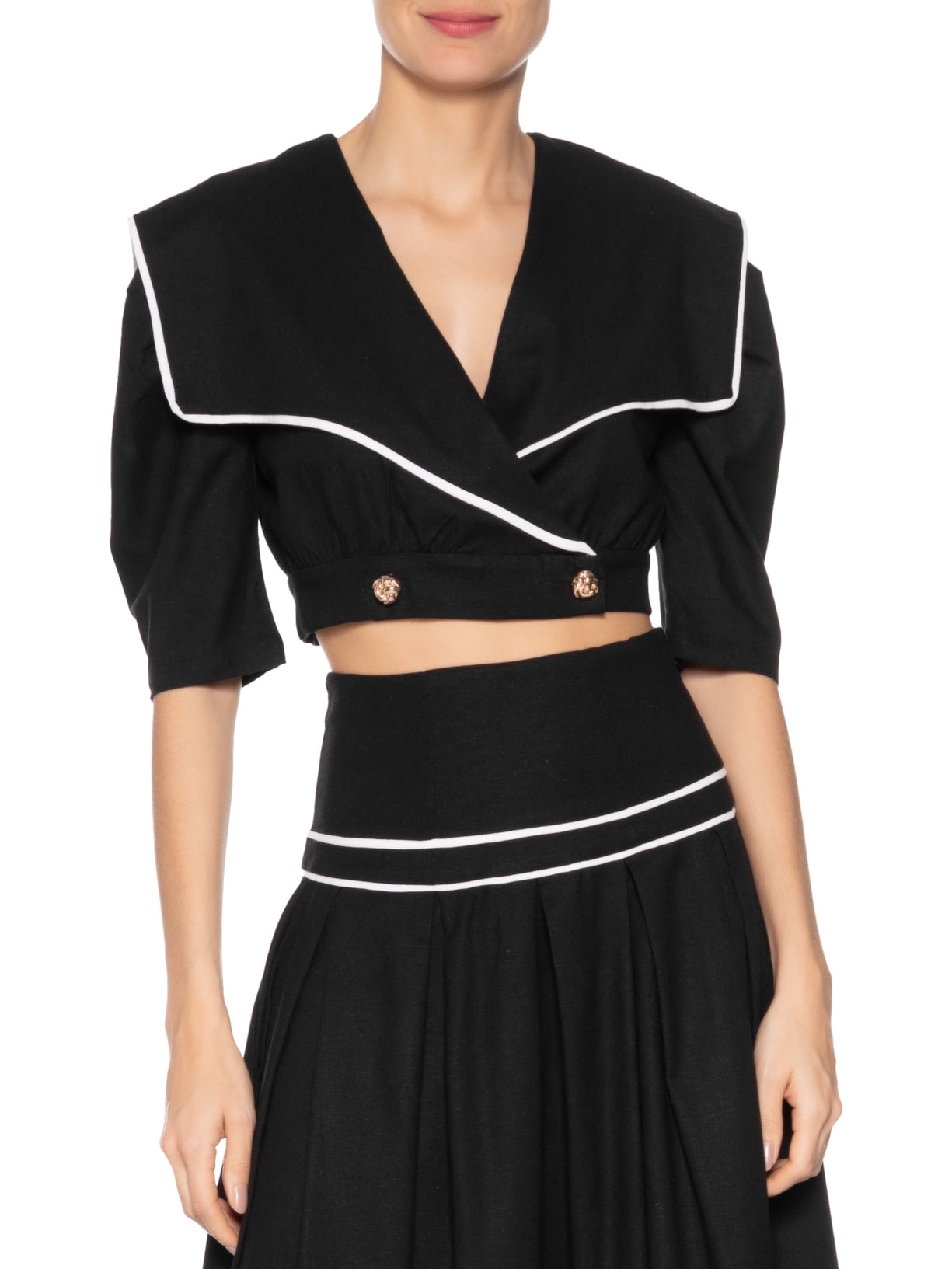 Blusa Feminina Com Pala Sobreposta Em Linho Misto Preto '2Essential