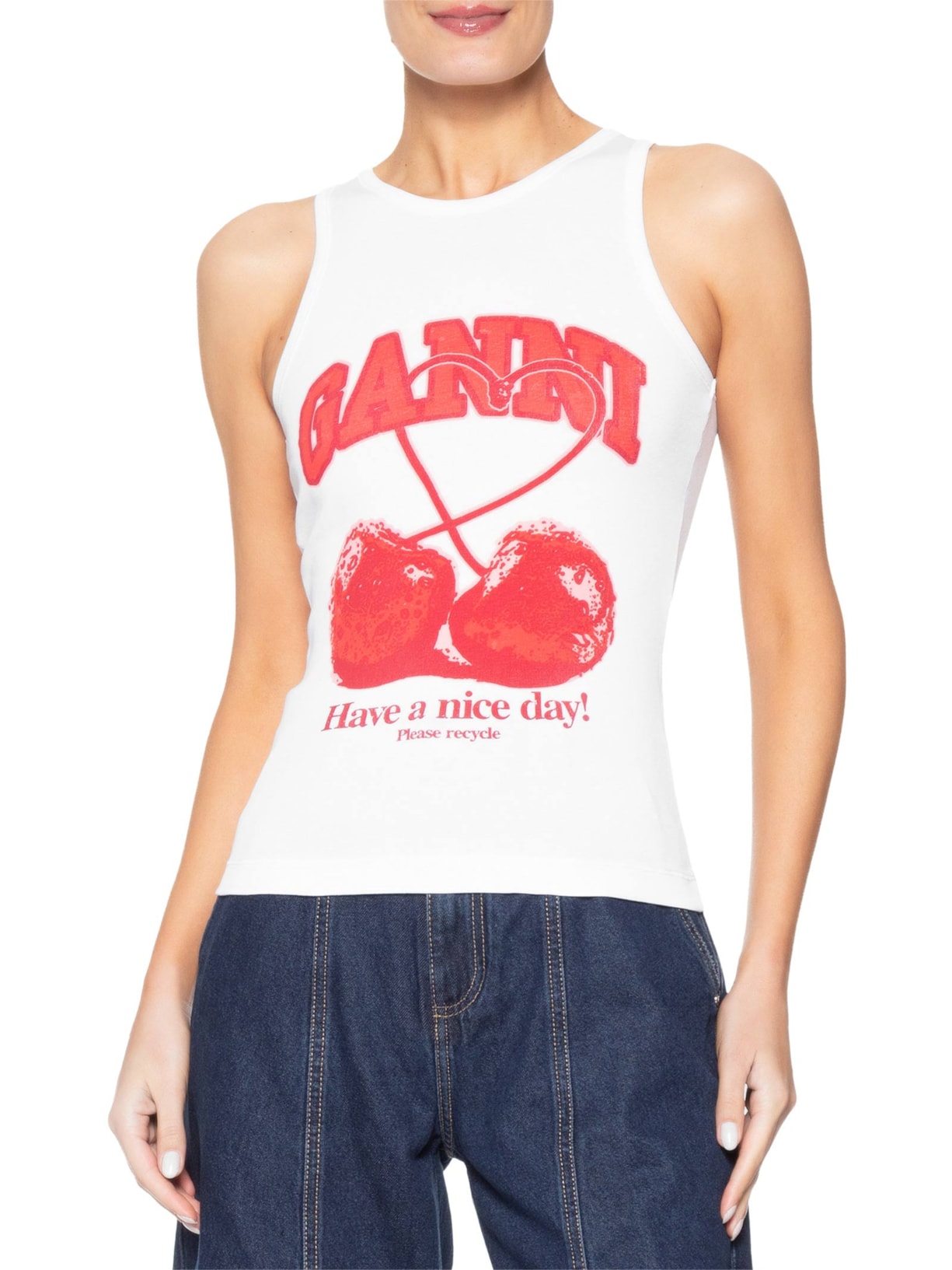 Blusa Feminina Compact Rib Jersey Tank Cherry Branco Ganni