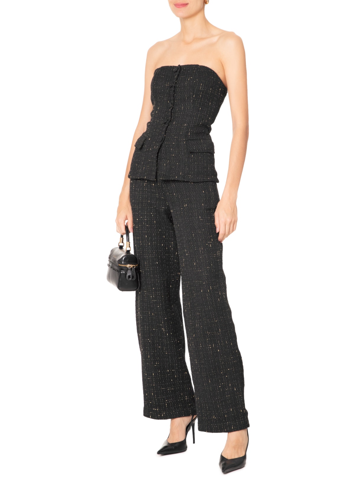 Blusa Feminina Corset Com Recorte Em Tweed Preto '2Essential