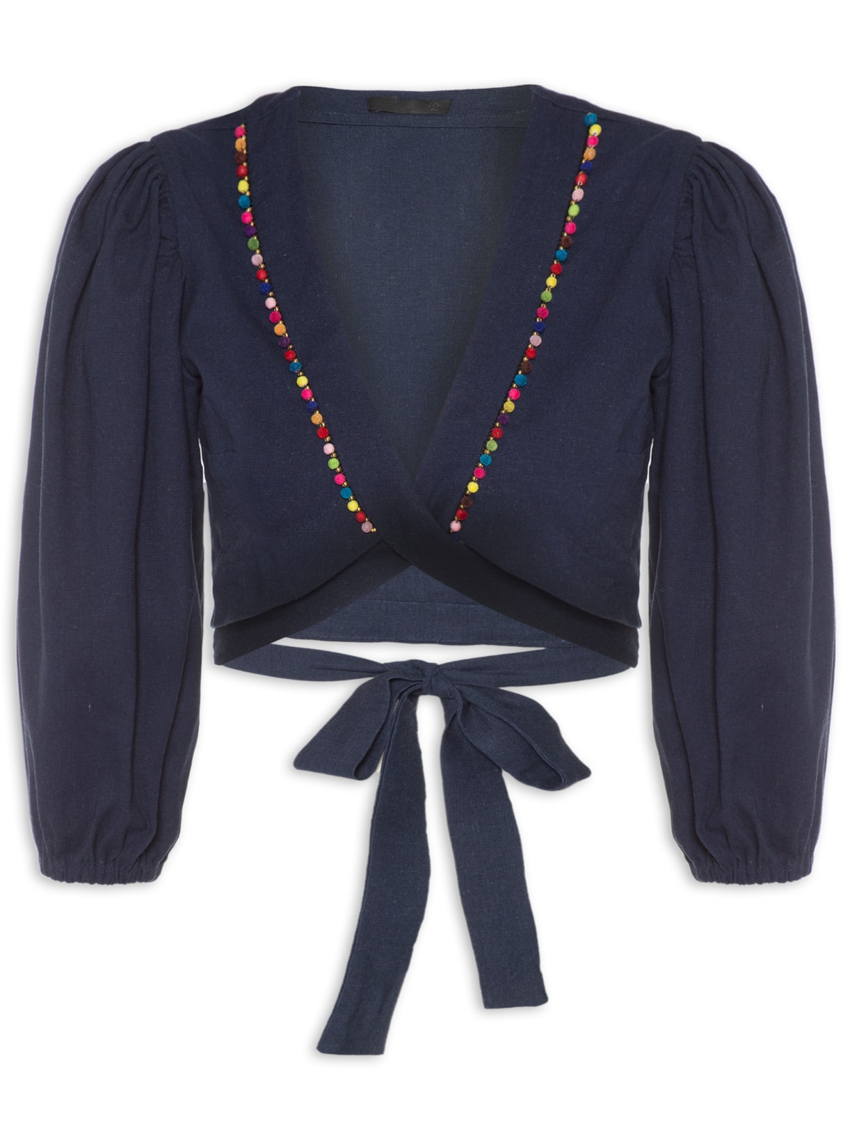 Blusa Feminina Cropeed Manga Bufante Com Amarração - Azul