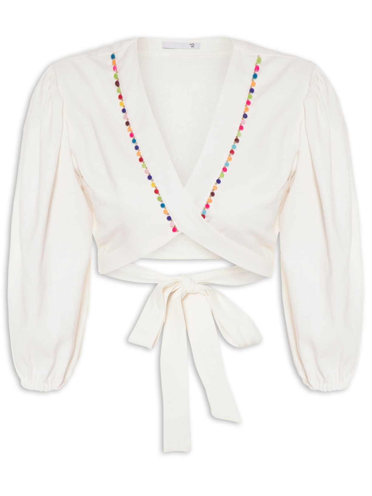 Blusa Feminina Cropeed Manga Bufante Com Amarração - Off White