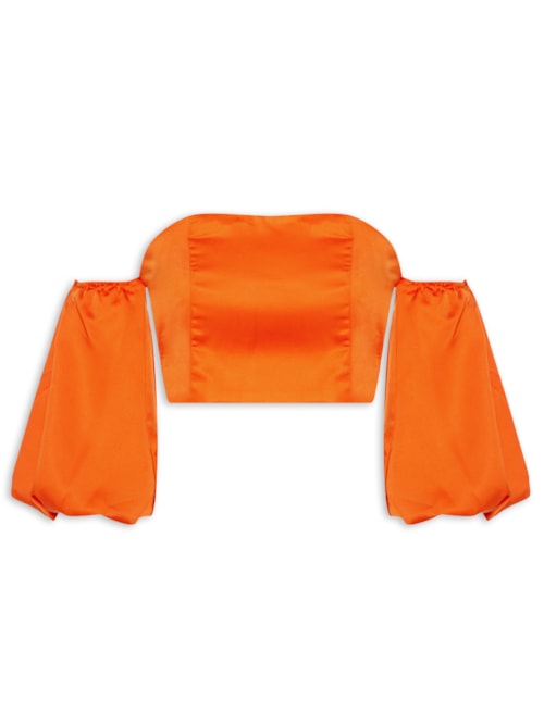 Blusa Feminina Cropped Acetinado Com Manga Bufante - Laranja