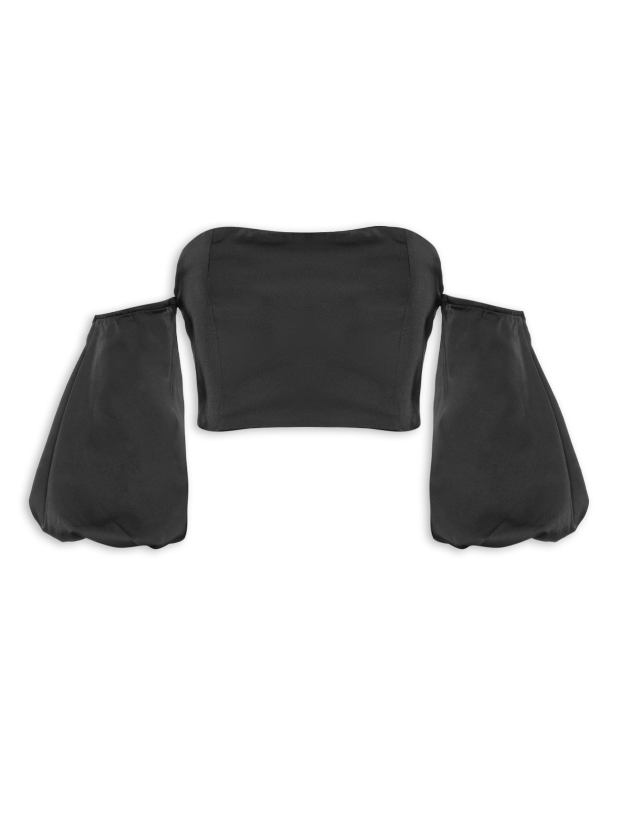 Blusa Feminina Cropped Acetinado Com Manga Bufante - Preto