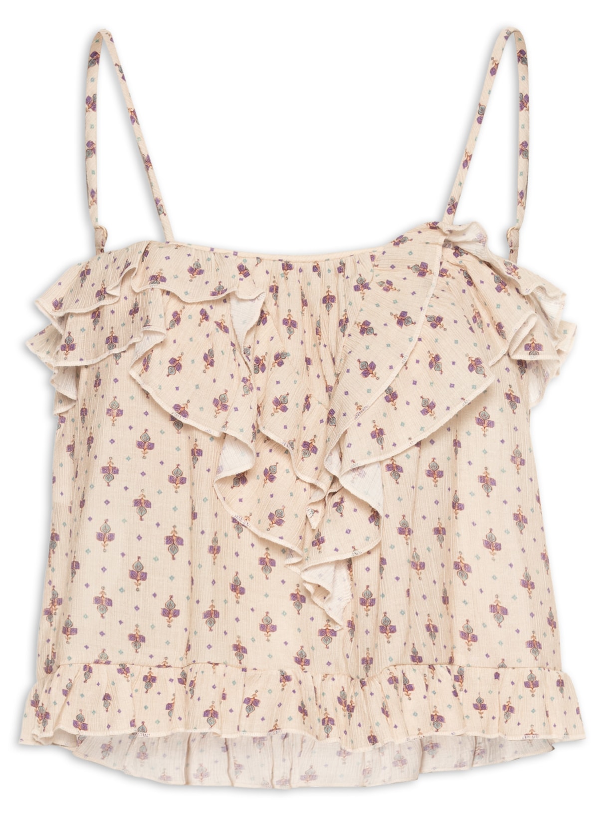 Blusa Feminina Cropped Babados Estampa Zaz Bege Maria Filó