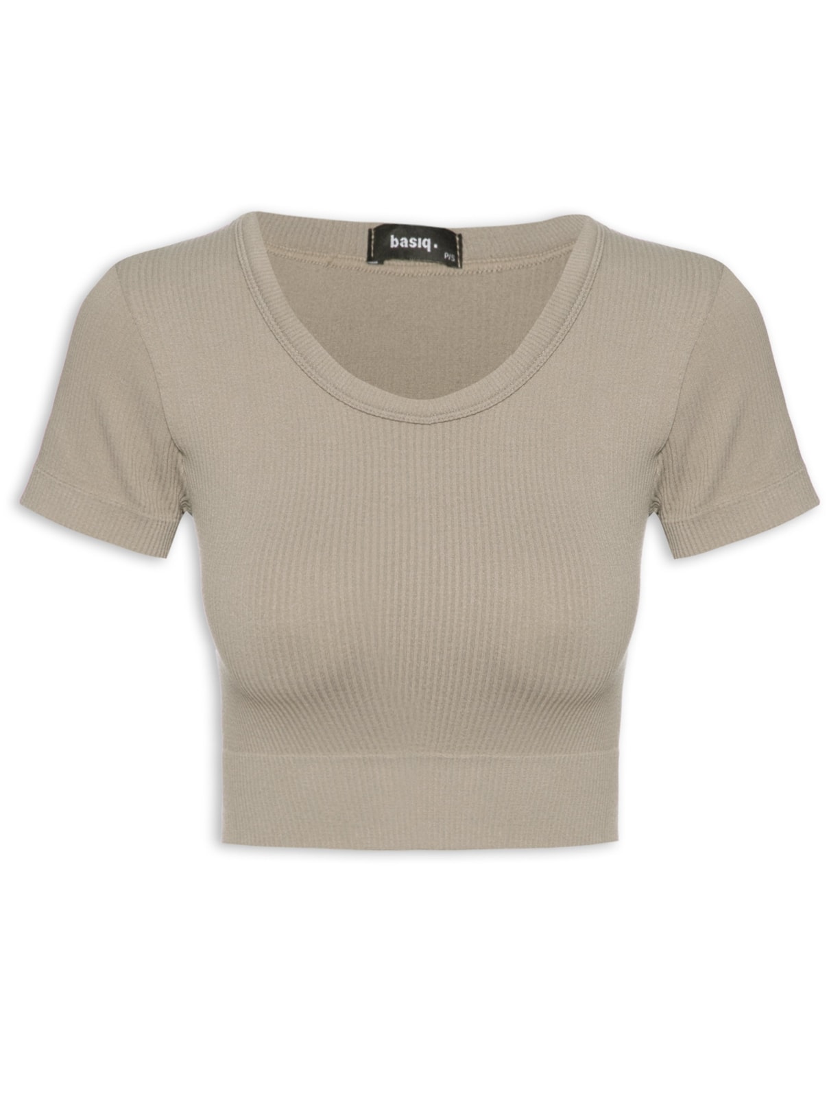 Blusa Feminina Cropped Canelada Gola Redonda - Cinza