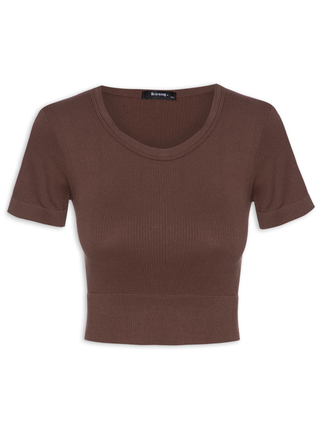 Blusa Feminina Cropped Canelada Gola Redonda - Marrom