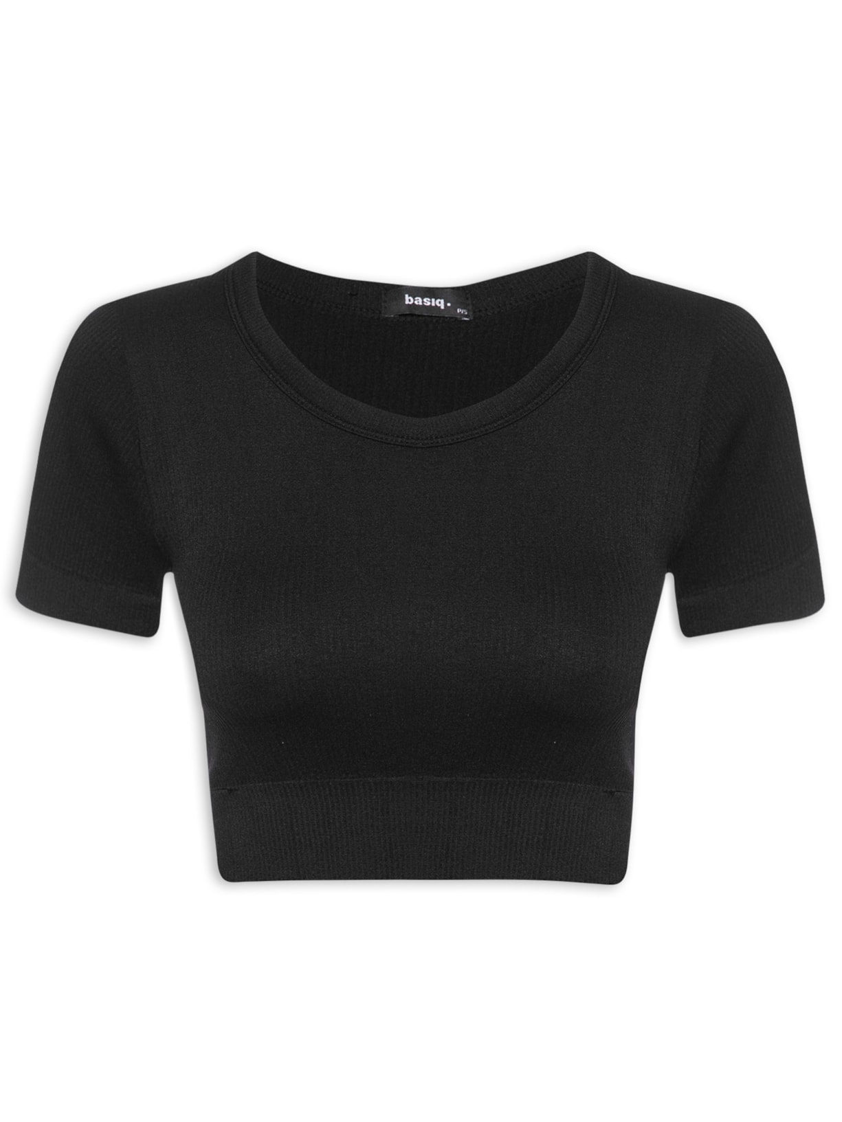 Blusa Feminina Cropped Canelada Gola Redonda Preto Basiq